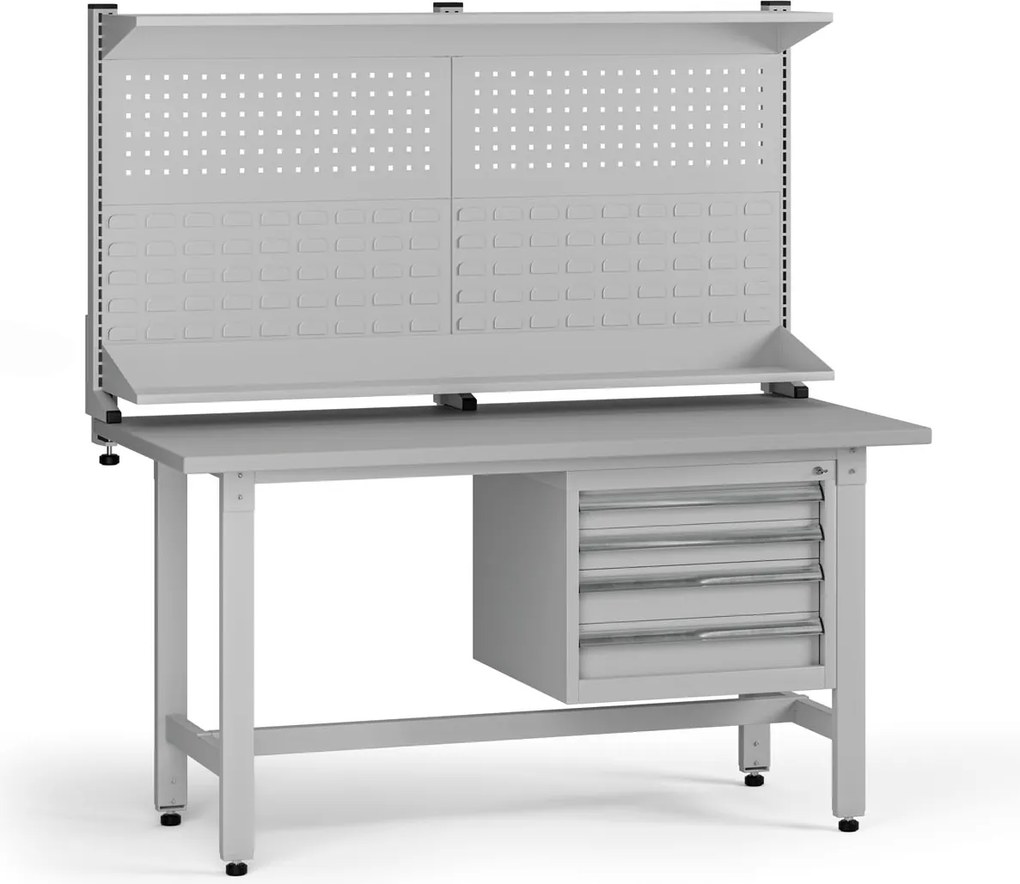 Výškovo nastaviteľný dielenský stôl G5 s nadstavbou, 1500 x 750 x 800-1000 mm, 1x kontajner, 4 zásuvky, sivá