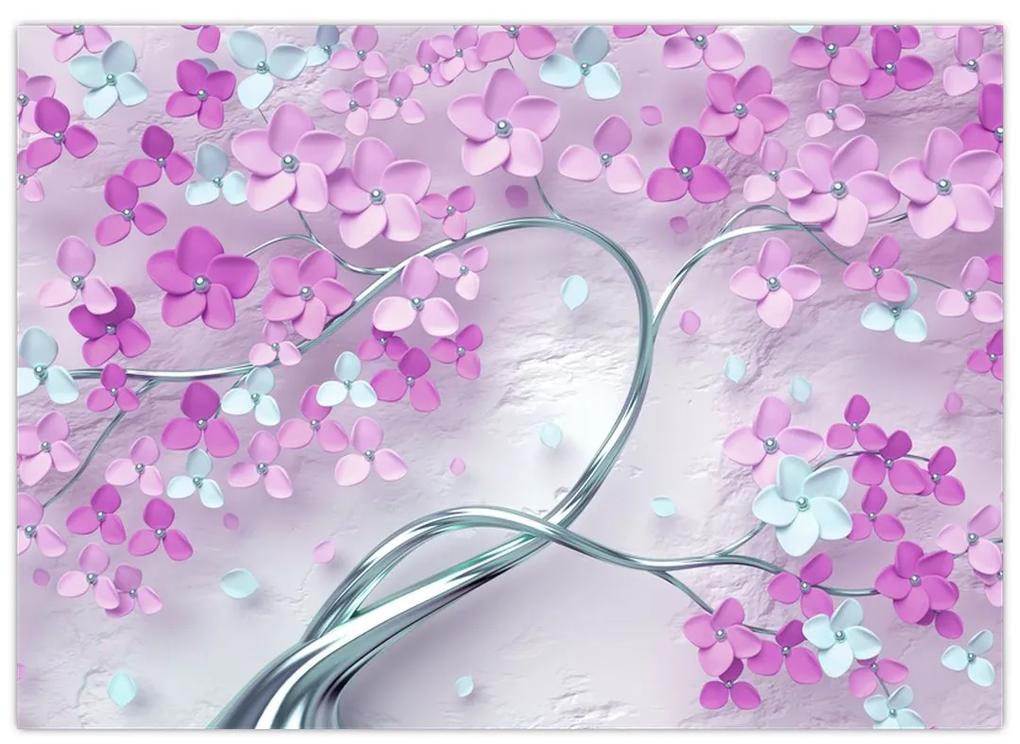 Obraz kvetov na striebornom kmeni - abstrakt (70x50 cm)