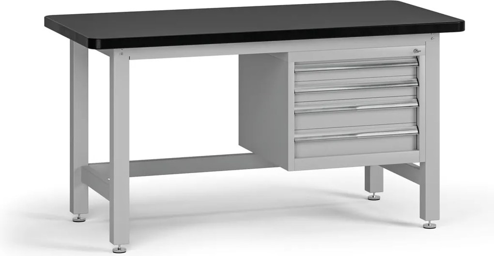 Pracovný stôl do dielne G4 so závesným boxom na náradie, MDF + PVC doska, 4 zásuvky, 1500 x 750 x 800 mm, sivá
