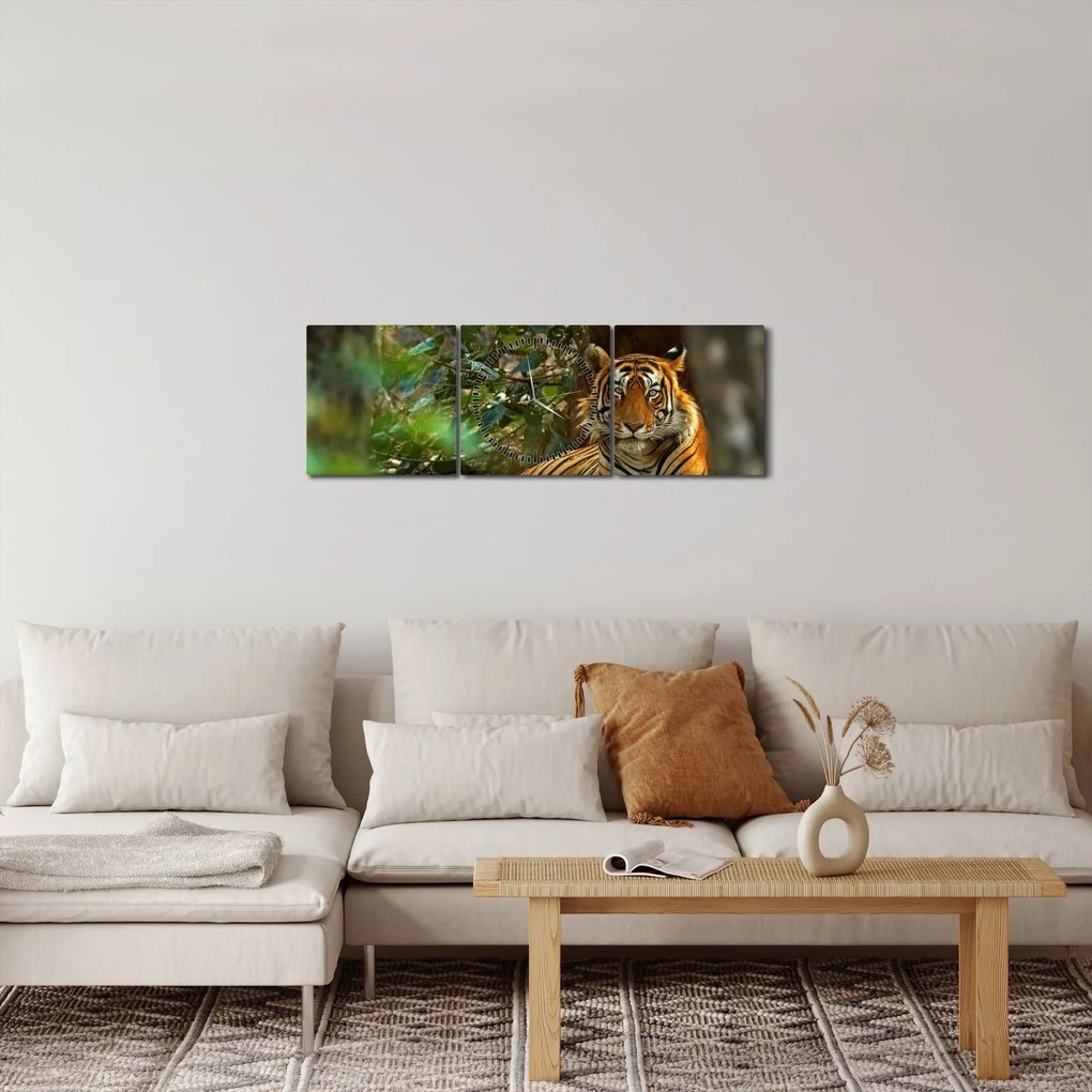Obraz odpočívajúceho tigra (s hodinami) (90x30 cm)