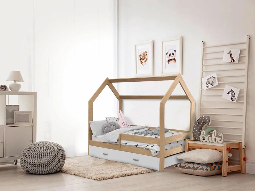Detská posteľ DOMEČEK D3 borovica 80 x 160 cm Rošt: Bez roštu, Matrac: Matrac EASYSOFT 8 cm, Úložný box: S bielym úložným boxom