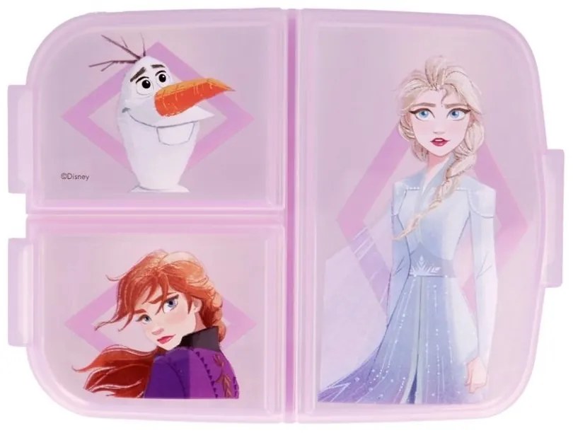 Multibox na desiatu Ľadové kráľovstvo - Frozen s 3 priehradkami a obrázkami princezien Anny, Elsy a snehuliaka Olafa