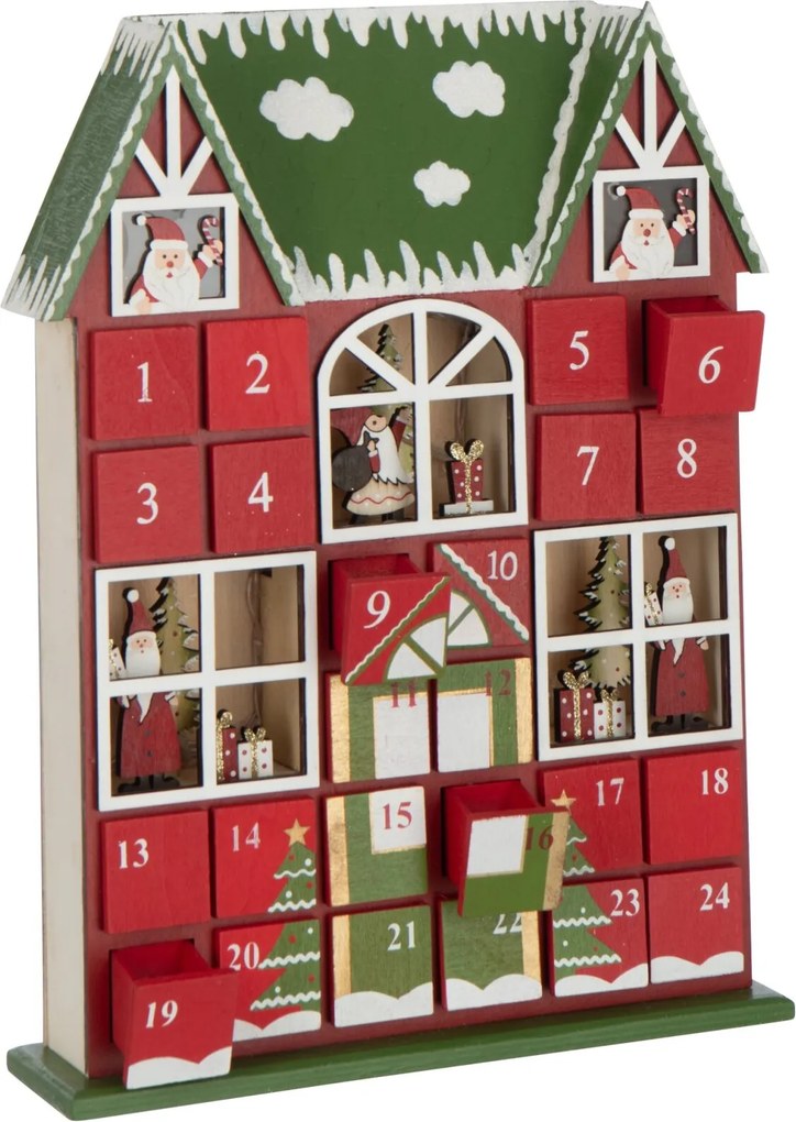 Červený drevený LED adventný kalendár House J-line - 25,5 * 6,5 * 34,5 cm