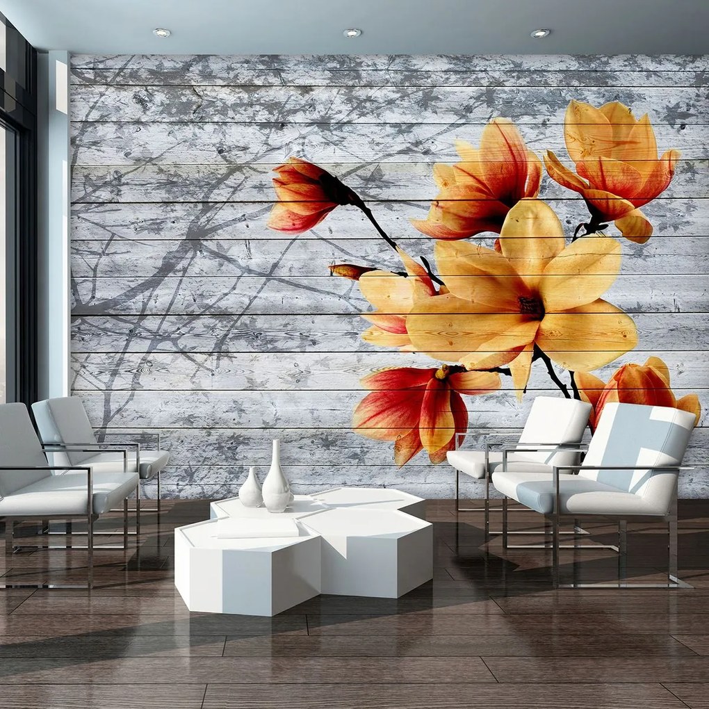 Fototapeta - Oranžové kvety na drevených doskách (152,5x104 cm)