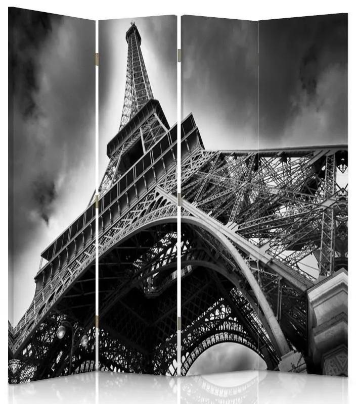Ozdobný paraván Eiffelova věž B&amp;W - 145x170 cm, štvordielny, klasický paraván