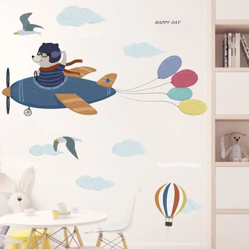 PIPPER | Samolepka na stenu "Medveď v lietadle" 55x150 cm