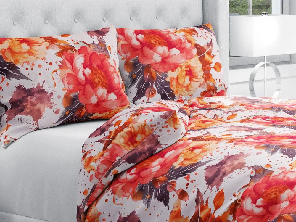 Biante Bavlnené posteľné obliečky Sandra SA-600 Veľké červeno-ružovo-oranžové kvety pivonky na bielom Predĺžené 140x220 a 70x90 cm