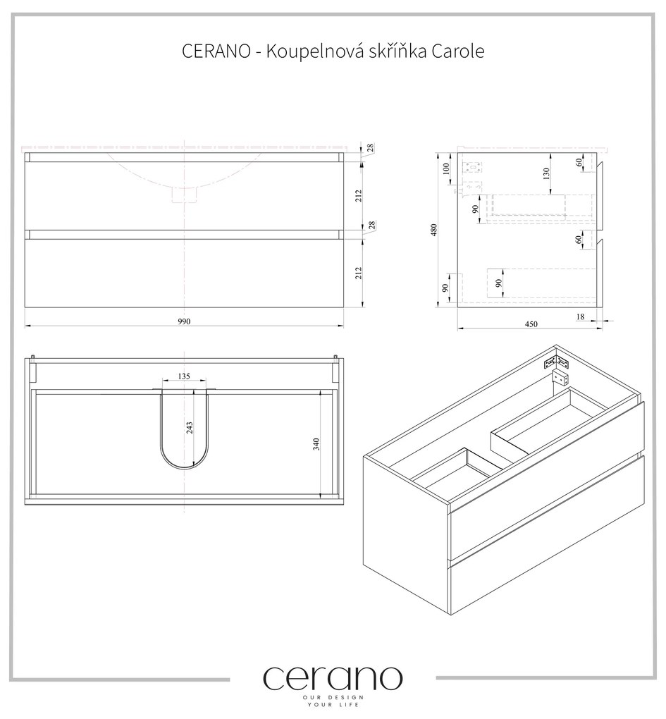 CERANO - Kúpeľňová skrinka Carole s doskou pod umývadlo - prírodná - 100x49, 8x46 cm