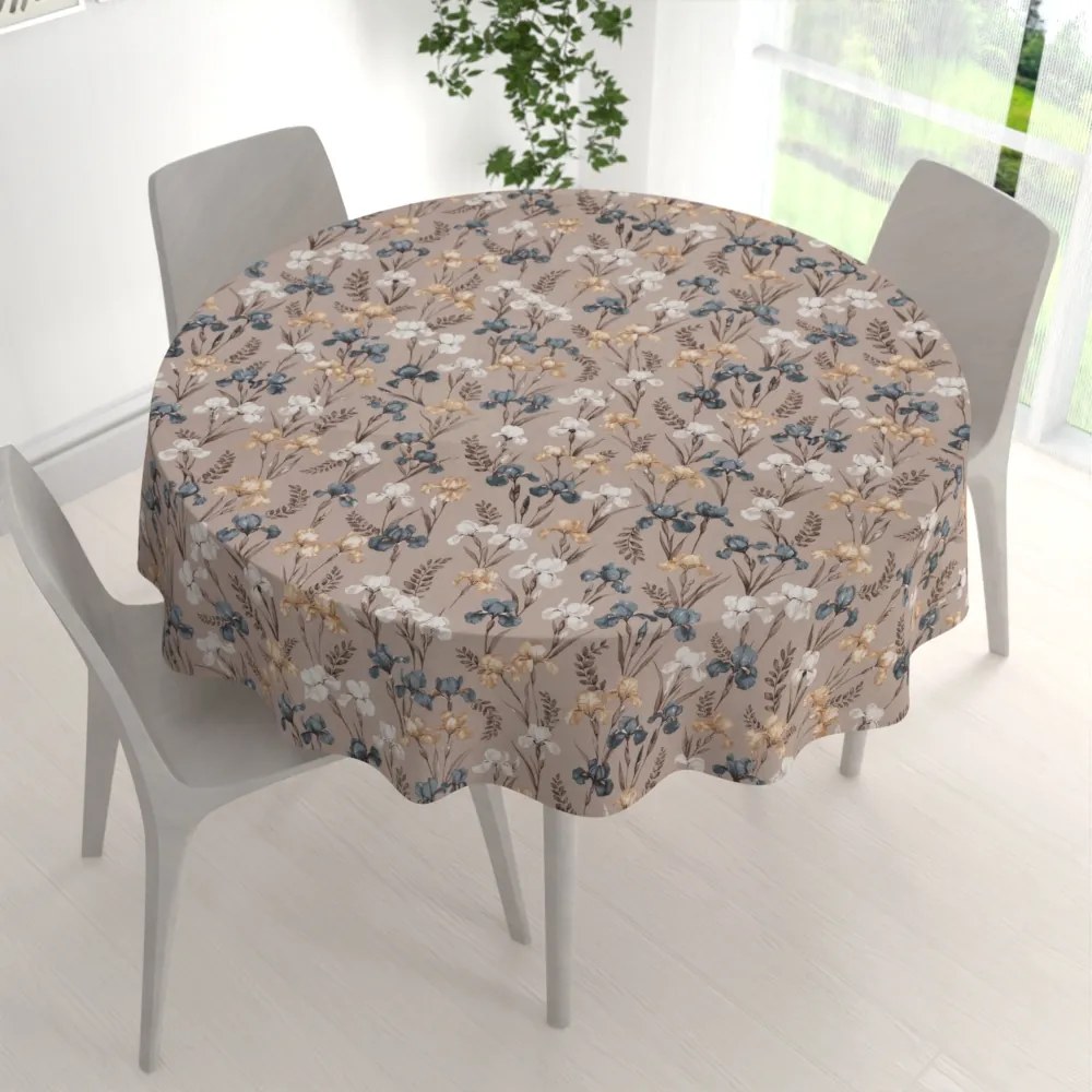 Biante Bavlnený okrúhly obrus Sandra SA-637 Modro-béžovo-biele kosatce na sivobéžovom Ø 50 cm