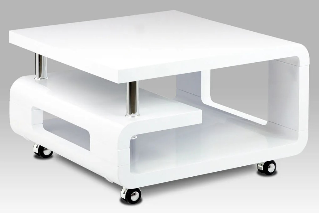 konferenčný stolík 70x70,biela MDF vysoký lesk,chróm,4 kolieska