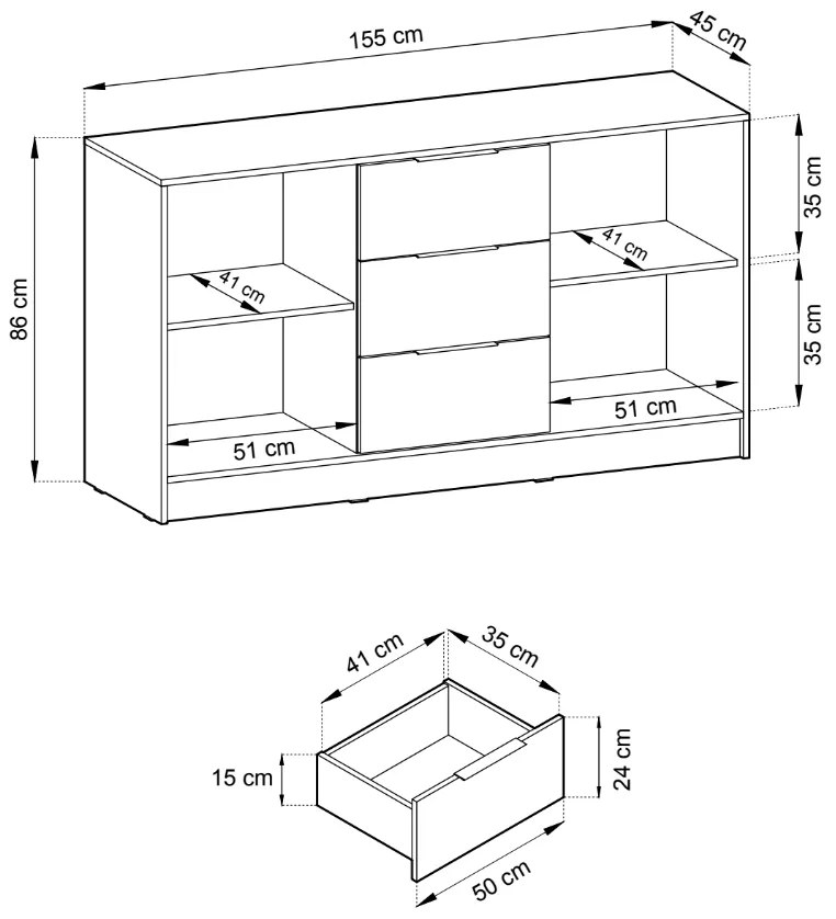 KOMODA LETIZIA S LAMELAMI SIVÁ / DUB ARTISAN 155 cm
