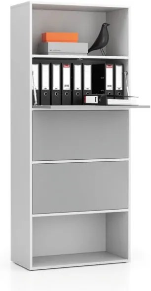 PLAN Vysoký kancelársky policový regál LAYERS, 3 boxy, 800 x 400 x 1905, biela / sivá