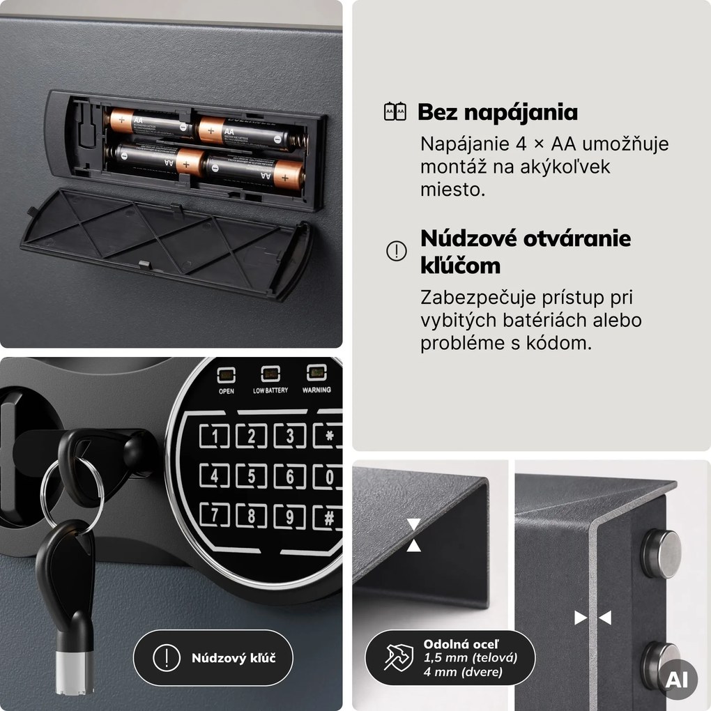 Malý domáci trezor, elektronický zámok na kód, na peniaze a dokumenty, 350x250x250 mm: DORIAN