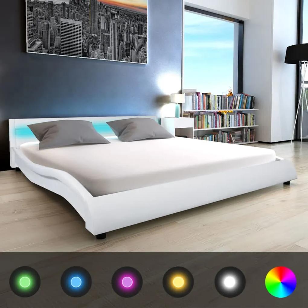vidaXL Posteľ s matracom, LED, biela, umelá koža 180x200 cm