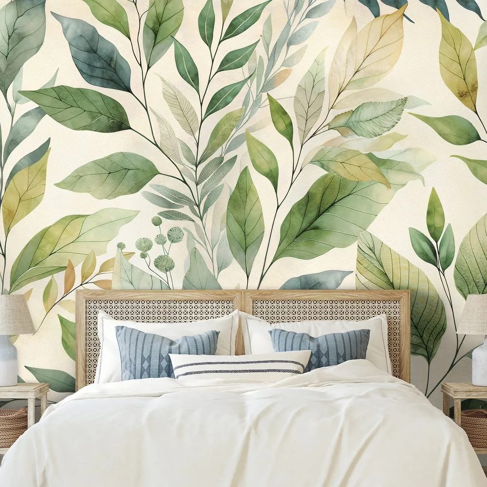 Samolepiaca tapeta zelené akvarelové listy na béžovom pozadí