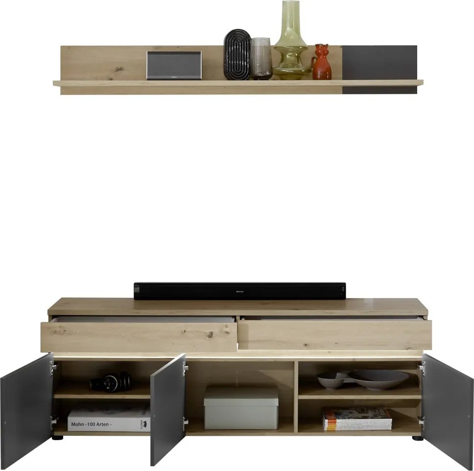 TV skříňka s policí Lille, dub artisan/antracit, s osvětlením