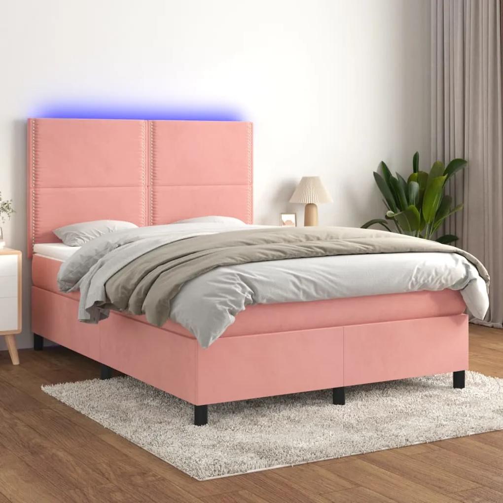 Posteľný rám boxsping s matracom a LED ružový 140x200 cm zamat 3136070