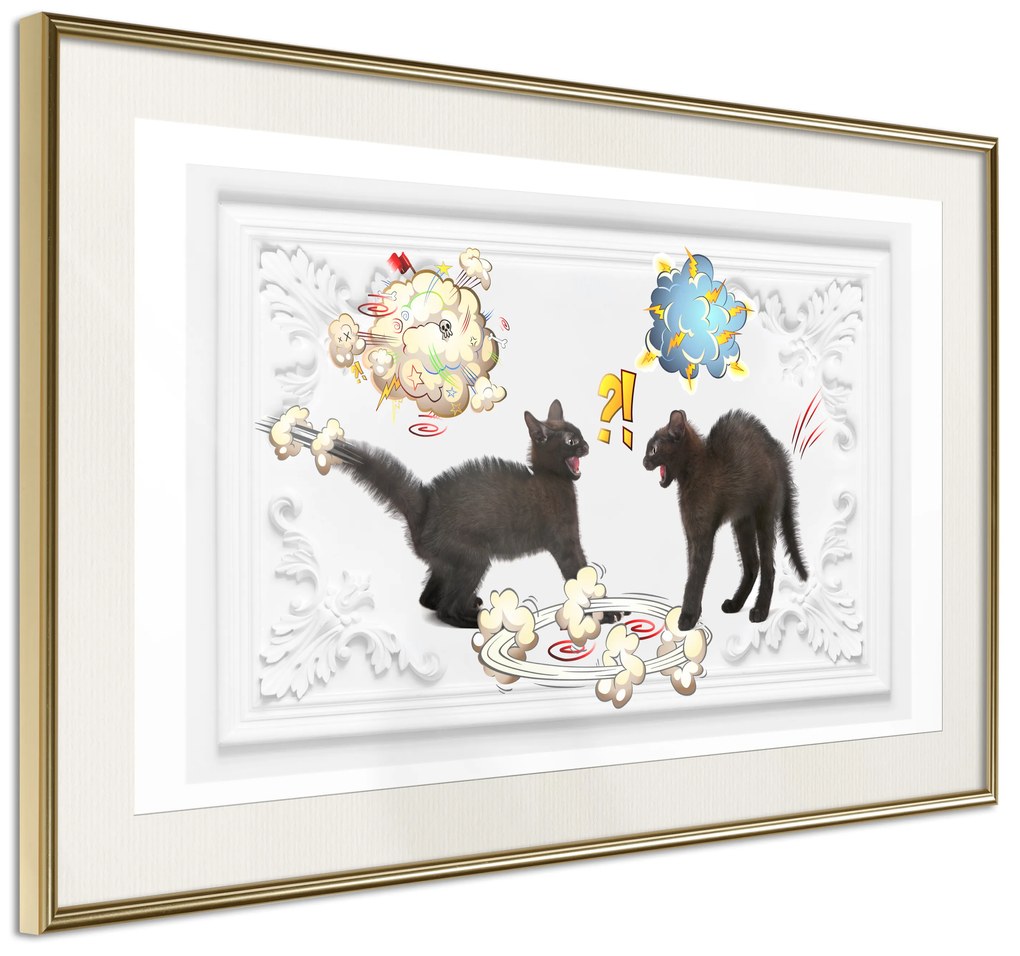 Artgeist Plagát - Cat Quarrel [Poster] Veľkosť: 90x60, Verzia: Zlatý rám