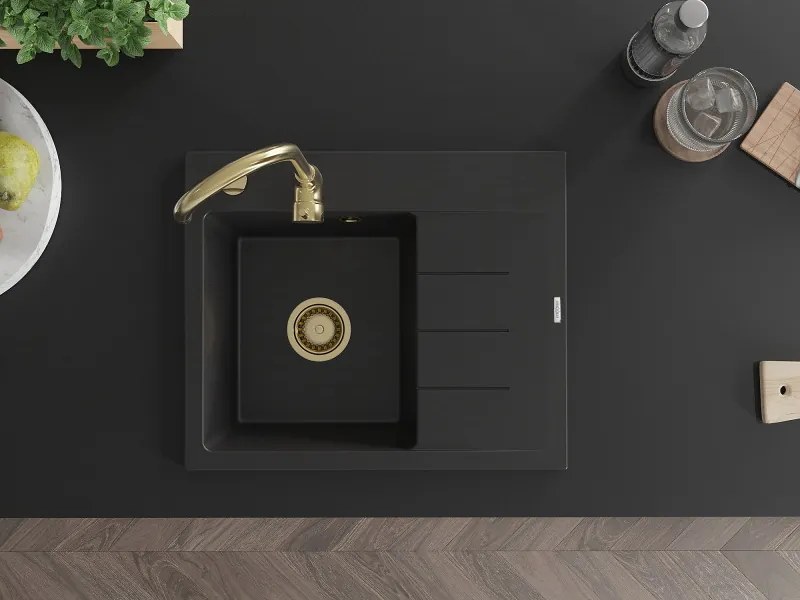 Mexen Ben, 1-komorový granitový drez 600x500x190 mm, ľavý + zlatý sifón, čierna, 6522605000-77-G