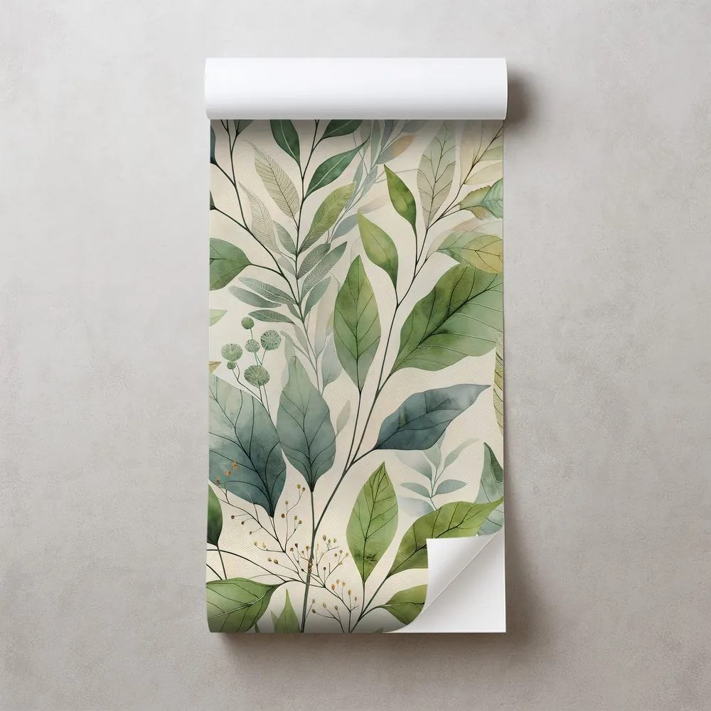 Samolepiaca tapeta zelené akvarelové listy na béžovom pozadí