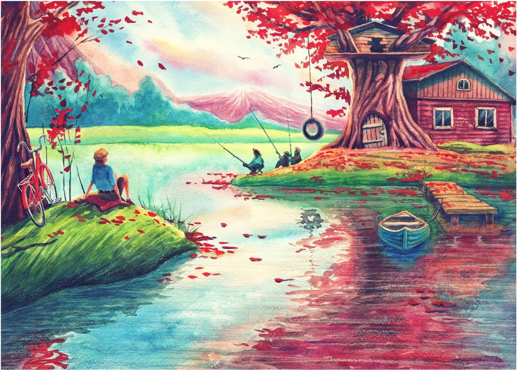 Obraz - Aquarel, Zátoka v horskej dedinke (70x50 cm)