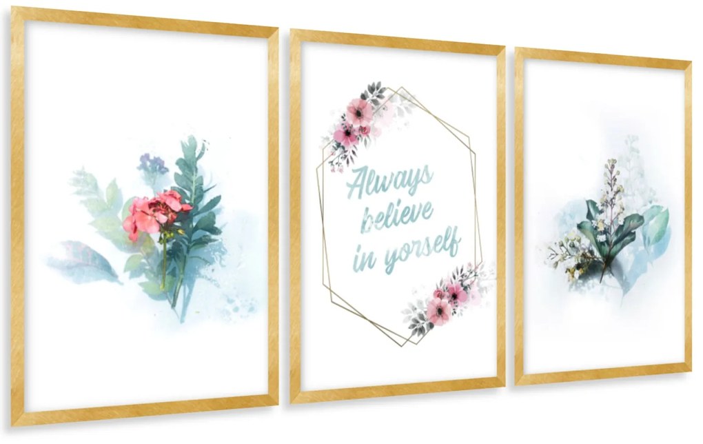 Gario Sada plagátov Maľované kvety - 3 dielna Farba rámu: Čierna, Rozmery: 99 x 45 cm
