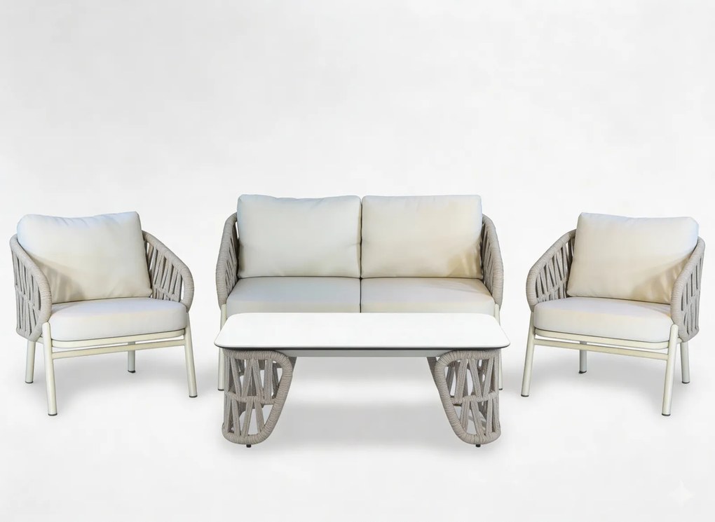 SÚPRAVA HLINÍKOVÉHO NÁBYTKU (SOFA + 2 KRESLÁ + KAVIARENSKÝ STOLÍK) BEŽOVÁ + BEŽOVÉ VANKÚŠE *0418