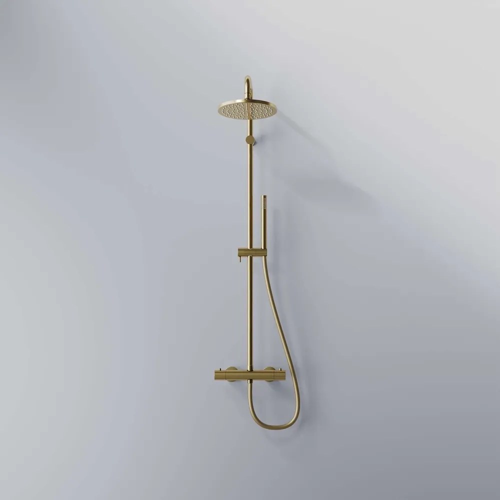 STEINBERG 340 nástenný sprchový systém s termostatom, horná sprcha priemer 220 mm, tyčová ručná sprcha 1jet, kartáčované zlato, 3402721BG