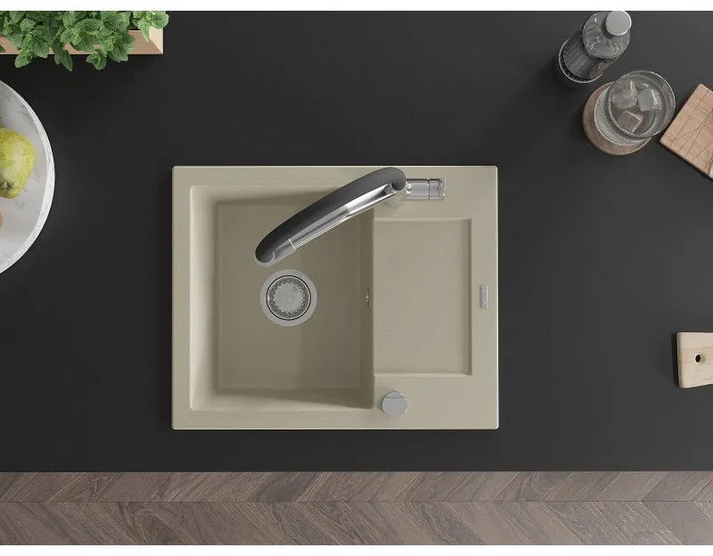 Mexen Enzo, granitový drez 576x465x174 mm, 1-komorový a drezová batéria Duo, béžová, 6506-69-671701-07