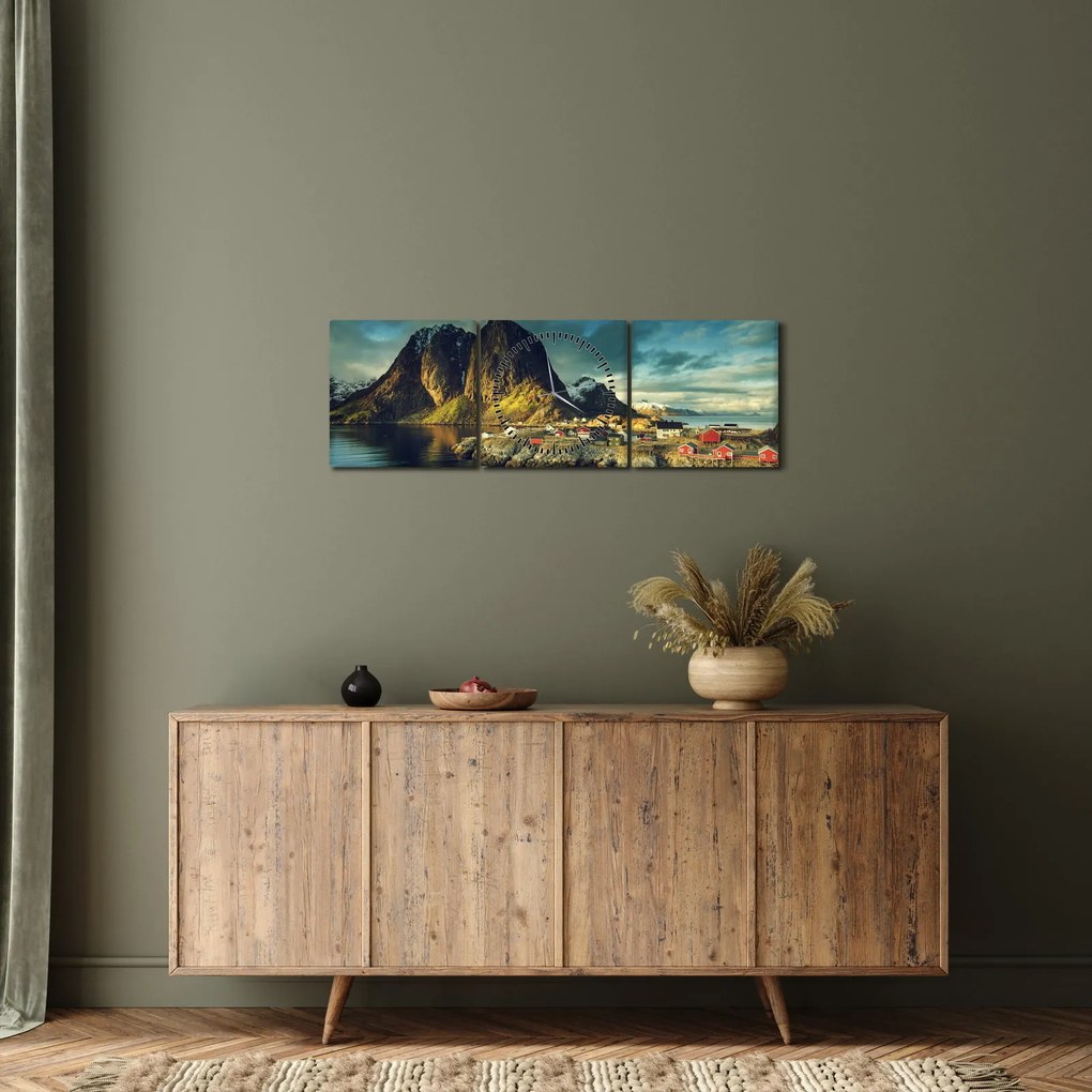 Obraz rybárskej dediny v Nórsku (s hodinami) (90x30 cm)