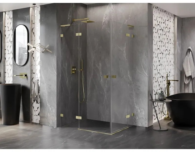 Mexen Lunar, L Duo výklopný sprchový kút 110 x 100 cm, 8mm číre sklo, zlatý matný profil, 834L-110L-100P-55-00