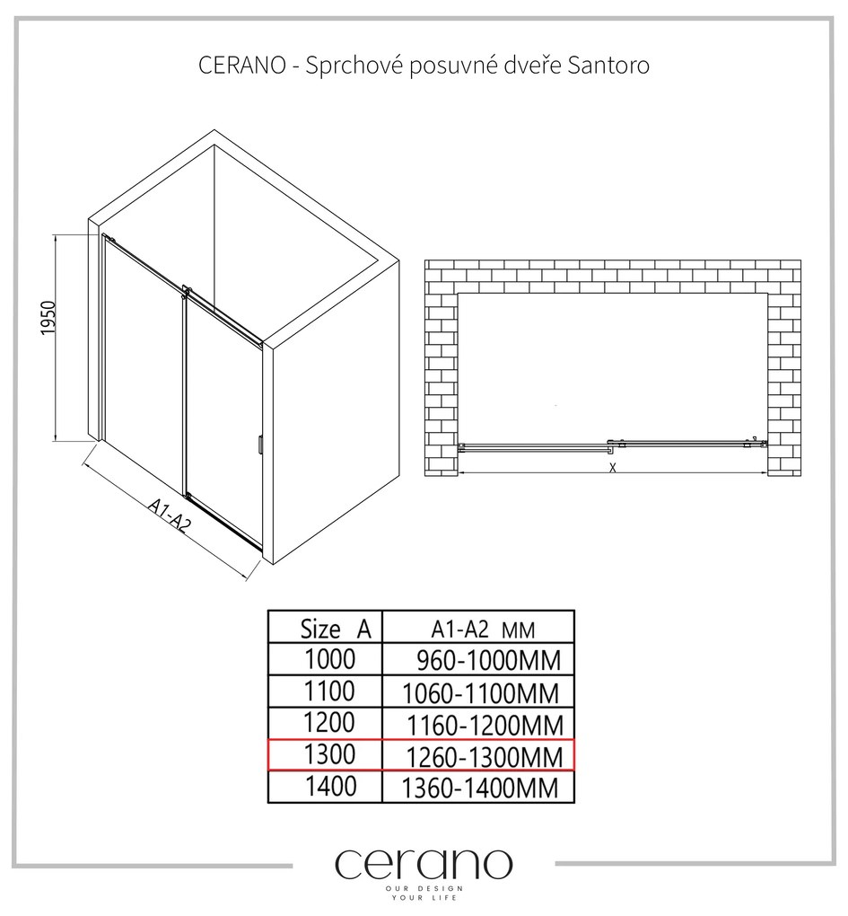 Cerano Santoro, sprchové posuvné dvere 130x195 cm, 6mm číre sklo, chrómový profil, CER-CER-424939