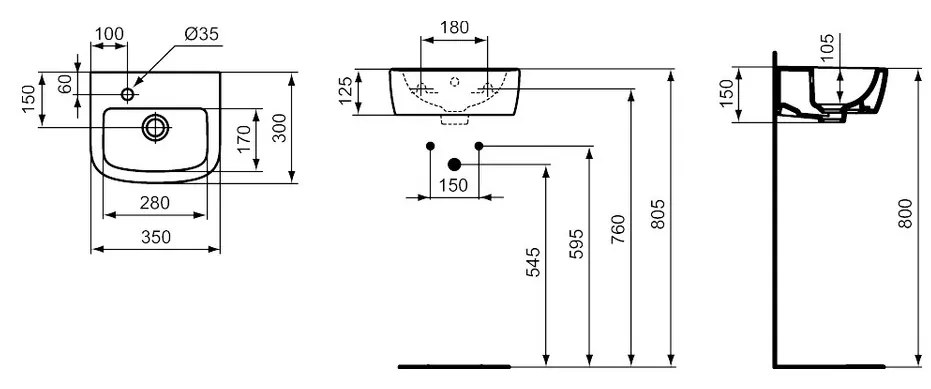 Ideal Standard Tempo - Umývadielko 350x300 mm, otvor vľavo, biela T059501