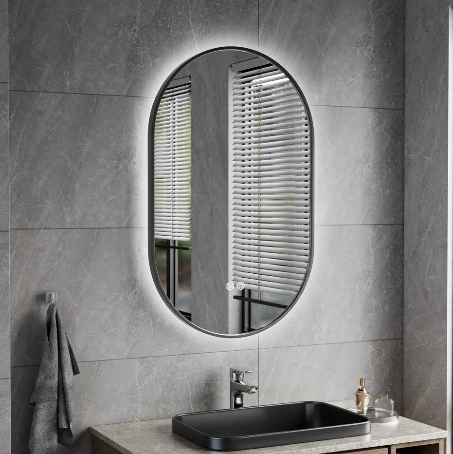 Erga Freya, oválne LED zrkadlo 50x80cm v čiernom kovovom ráme, 3 farby svetla, zadné osvetlenie, vyhrievacia podložka proti zapareniu, ERG-V01-FREYA-5080-BK