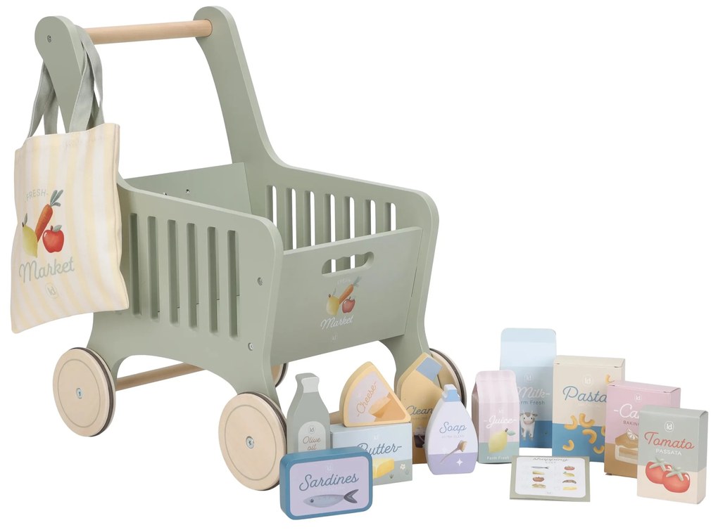 Nákupný vozík s doplnkami drevený