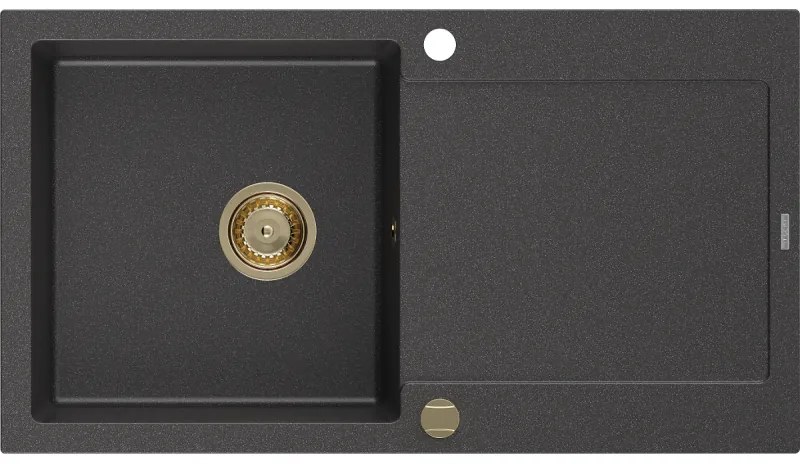 Mexen Leo, drez granitový 900x500x190 mm, 1-komorový, čierna škvrnitá so zlatým sifónom, 6501901010-76-G