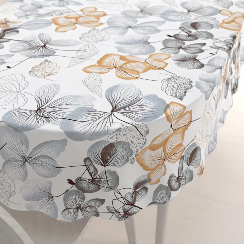Biante Bavlnený oválny obrus Sandra SA-367 Sivo-oranžové kvety na bielom 140x220 cm