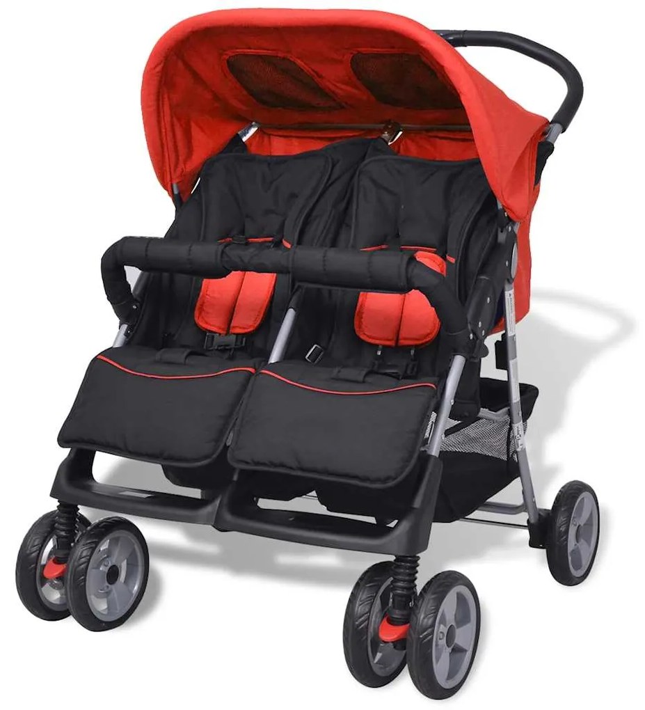 Oceľový kočík pre dvojičky, červeno-čierny