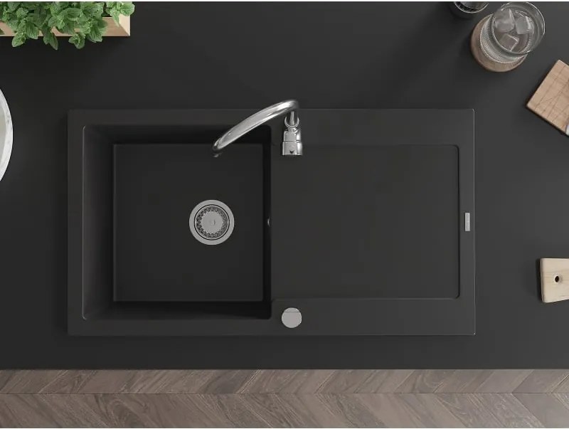 Mexen Leo granitový drez s odkvapkávačom, 1-komorový, 900 x 500 mm, čierny, chrómový sifón - 6501901010-77