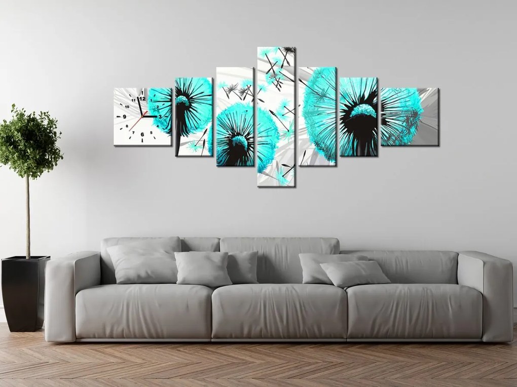 Gario Obraz s hodinami Krásne tyrkysové púpavy - 7 dielny Rozmery: 210 x 100 cm
