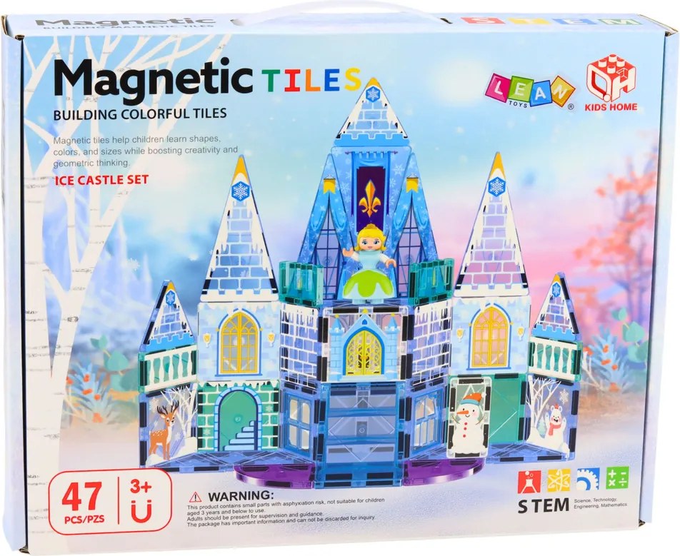 LEAN Toys Magnetické stavebné kocky – Zámok ľadovej princeznej, modré, 47 dielov