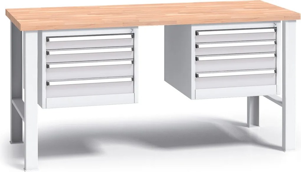 Pracovný stôl do dielne G3 s 2 závesnými boxami na náradie, buková škárovka, 8 zásuviek, pevné kovové nohy, 1700 mm, sivá