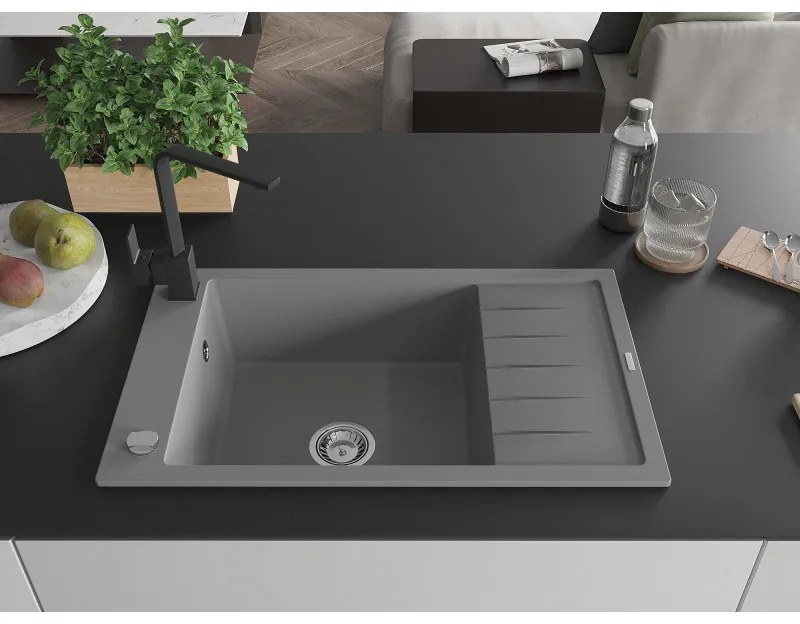 Mexen Elias, granitový drez granitový 795x480x200 mm, 1-komorový, šedá s chrómovým sifónom a čierna drezová batéria Rita, 6511-71-670300-70