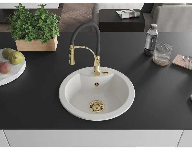 Mexen Diego, 1-komorový granitový drez 488x488x167 mm a drezová batéria Aster, biela, 6512-20-73450-57-G