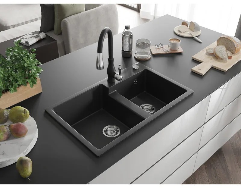 Mexen Tomas, granitový drez 800x500x190 mm, 2-komorový a drezová batéria Savita, čierna, 6516-77-672601-70