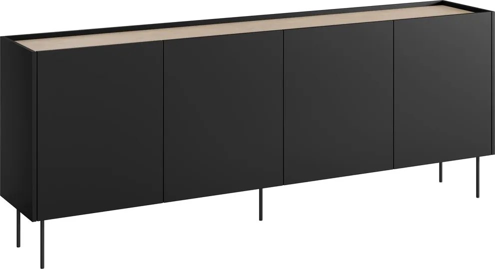 Čierna matná komoda Desin 220 cm so štyrmi dverami - duba nagano