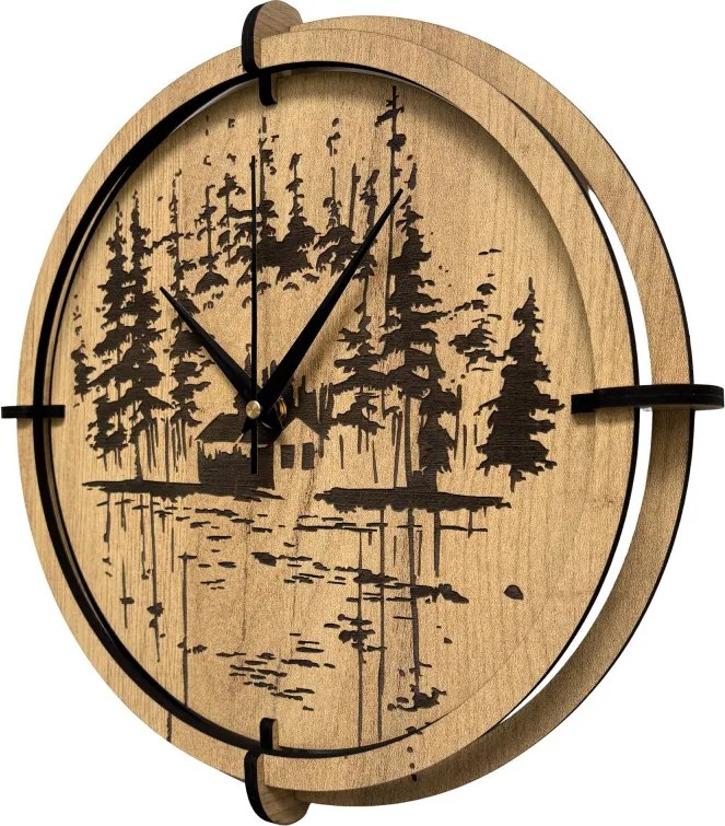 Drevené nástenné hodiny Lesná chatka pri jazere | SENTOP HDF0585-GOLD-OAK
