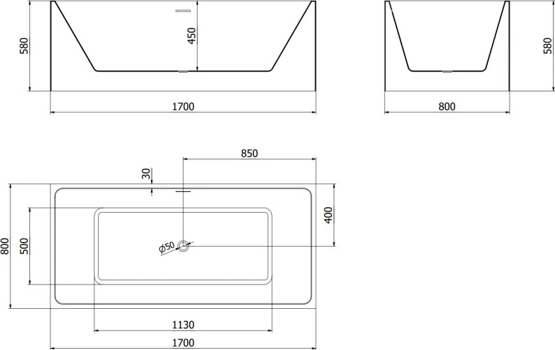 Mexen Nita, voľne stojaca vaňa 170 x 80 cm, biela, grafitový prepad, 52091708000-66