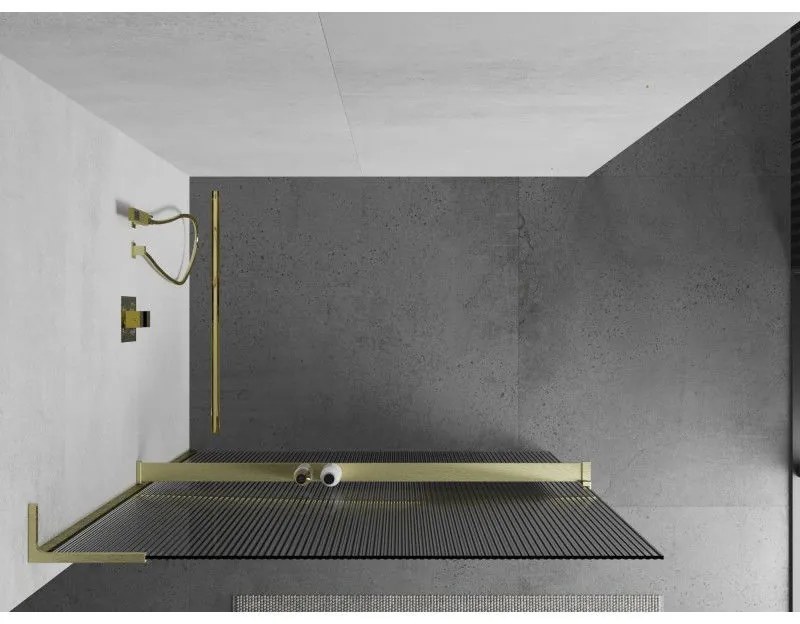 Mexen Kioto+ L, sprchová zástena Walk-In s poličkou a vešiakom 100 x 200 cm, 8mm sklo s rebrovým vzorom, zlatý matný profil, 800-100-123-55-09