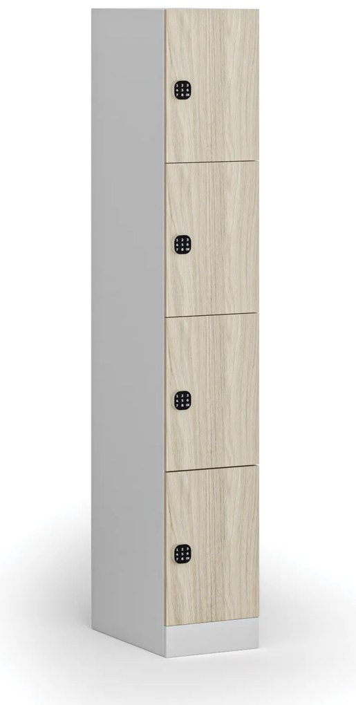 Šatníková skrinka S1 s úložnými boxmi, 4 boxy, 1850 x 300 x 500 mm, kódový zámok, laminované dvere, dub prírodný